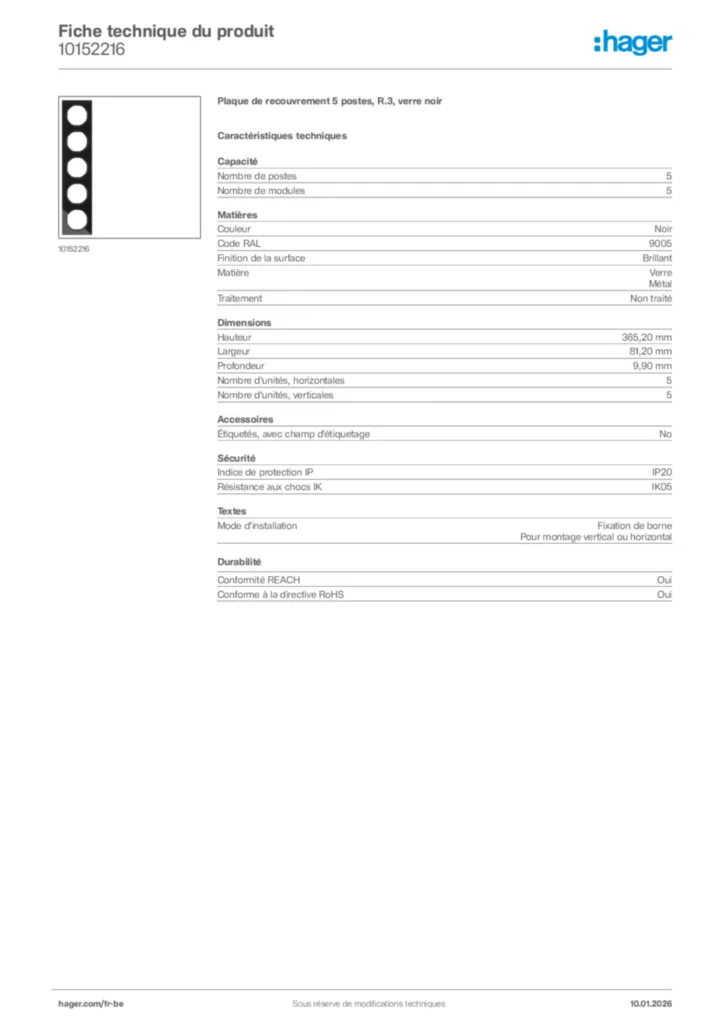 Image Hager Fiche technique du produit 10152216 | Hager Belgique