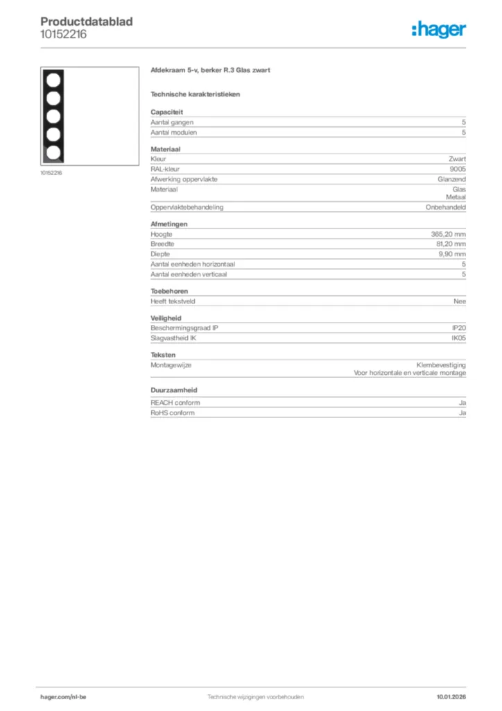 Afbeelding Hager Productdatablad 10152216 | Hager Belgium