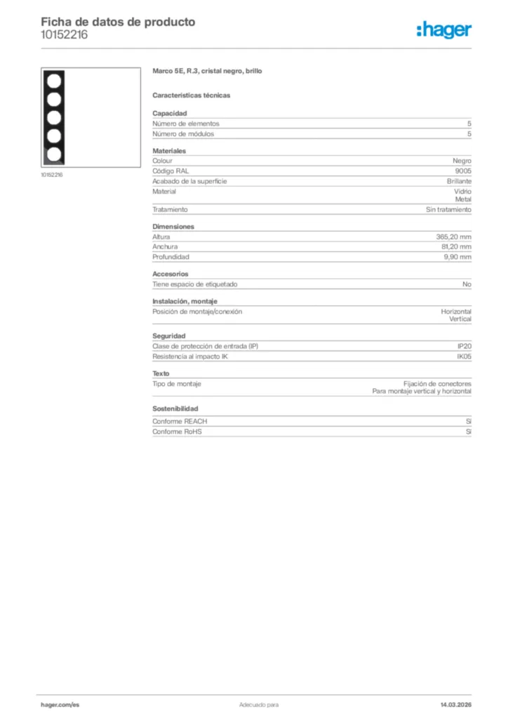 Imagen Hager Ficha de datos de producto 10152216 | Hager España
