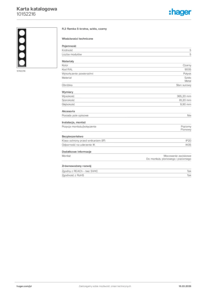 Zdjęcie Hager Karta katalogowa 10152216 | Hager Polska