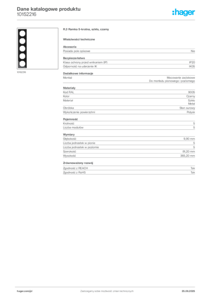 Zdjęcie Hager Dane katalogowe produktu 10152216 | Hager Polska