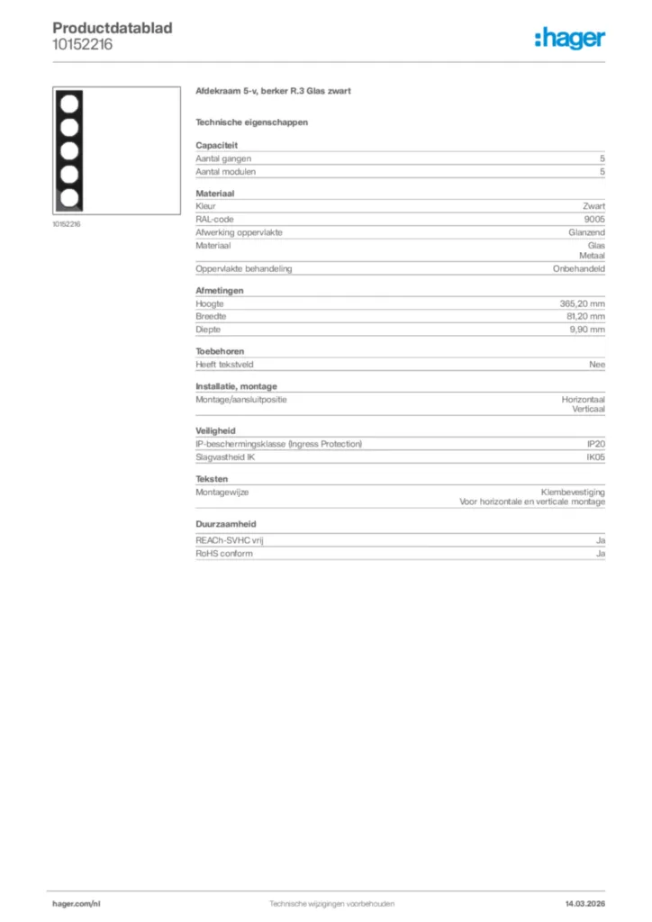 Afbeelding Hager Productdatablad 10152216 | Hager Nederland