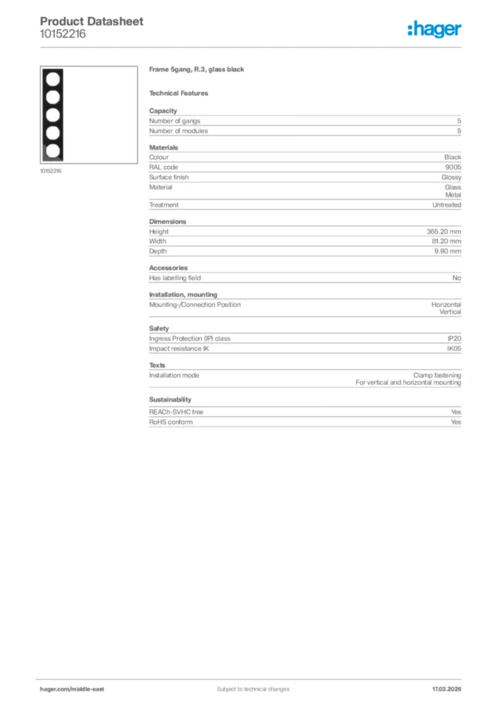 Image Hager Product data sheet 10152216  | Hager