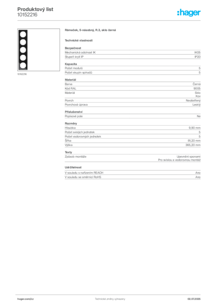 Obrázek Hager Produktový list 10152216 | Hager