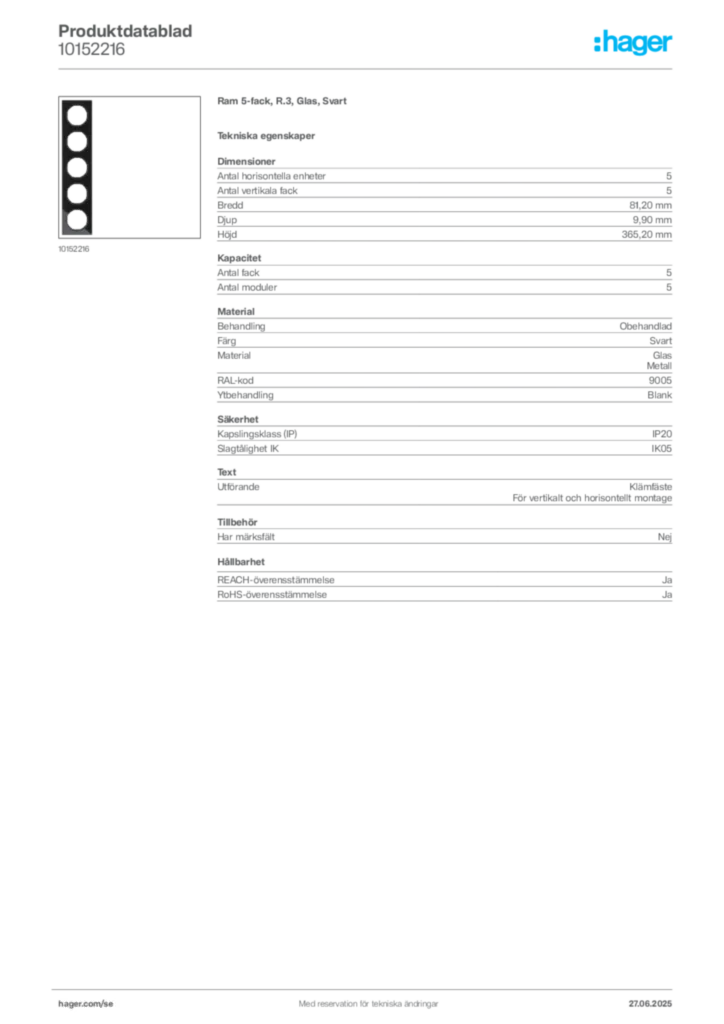 Bild Hager Produktdatablad 10152216 | Hager Sverige