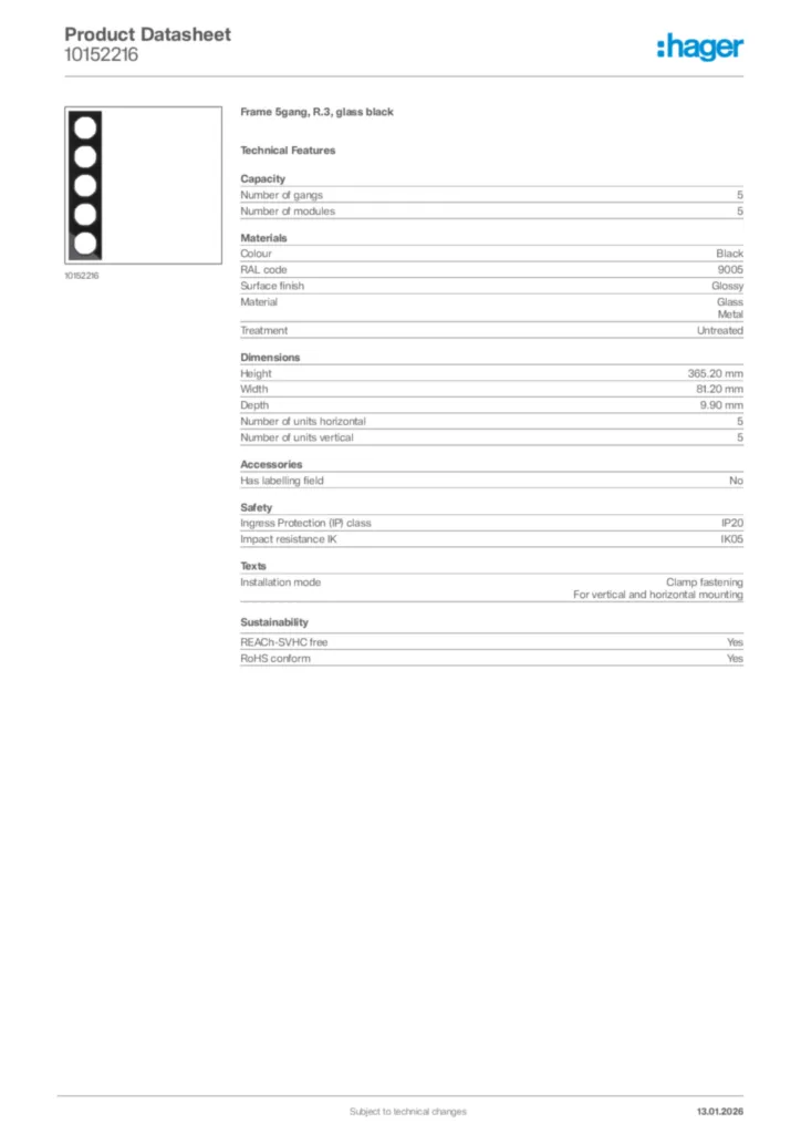 Image Hager Product data sheet 10152216  | Hager