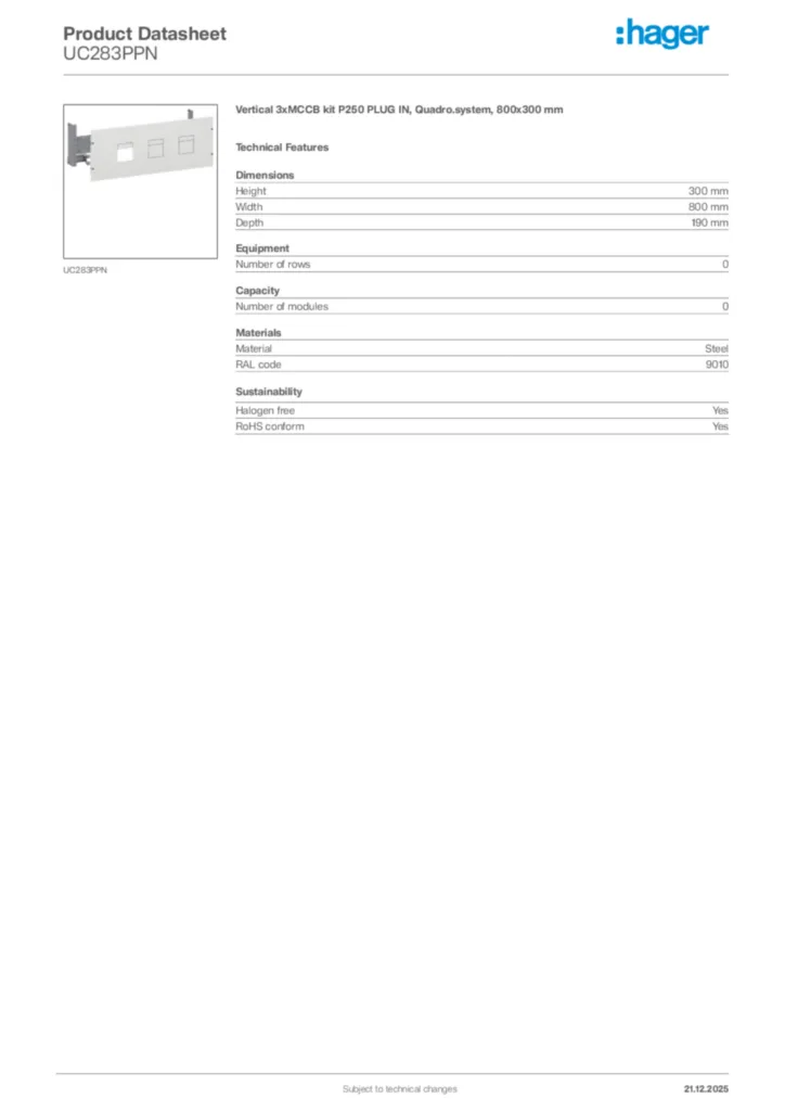 Image Hager Product data sheet UC283PPN  | Hager Africa