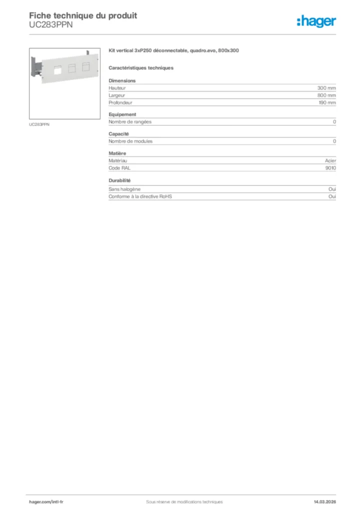 Image Hager Fiche technique du produit UC283PPN | Hager Afrique