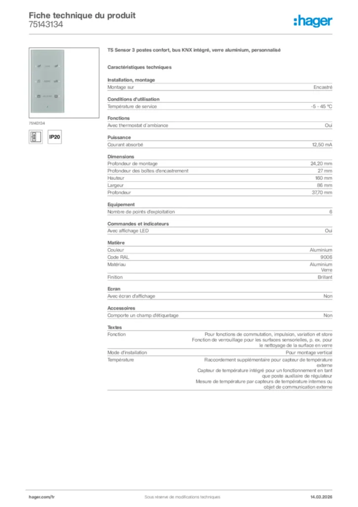 Image Hager Fiche technique du produit 75143134 | Hager France