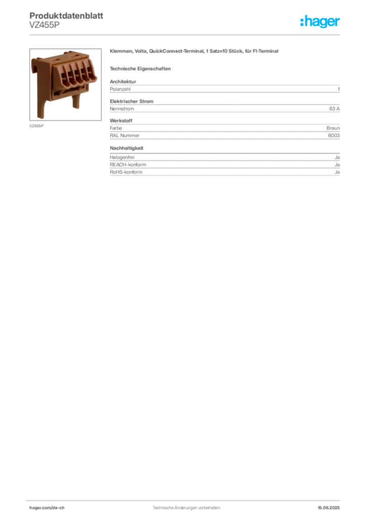 Bild Hager Produktdatenblatt VZ455P | Hager Schweiz