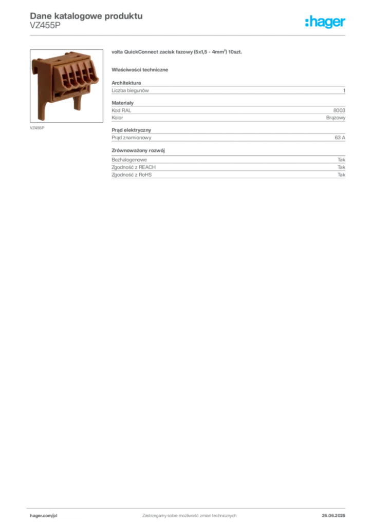 Zdjęcie Hager Dane katalogowe produktu VZ455P | Hager Polska