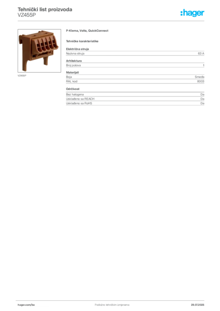 Slika Hager Product data sheet VZ455P  | Hager
