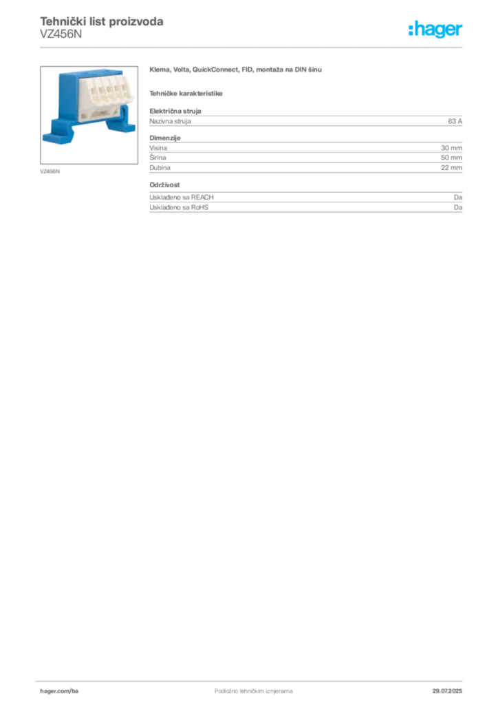 Slika Hager Product data sheet VZ456N  | Hager