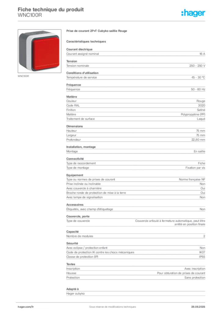 Image Hager Fiche technique du produit WNC100R | Hager France