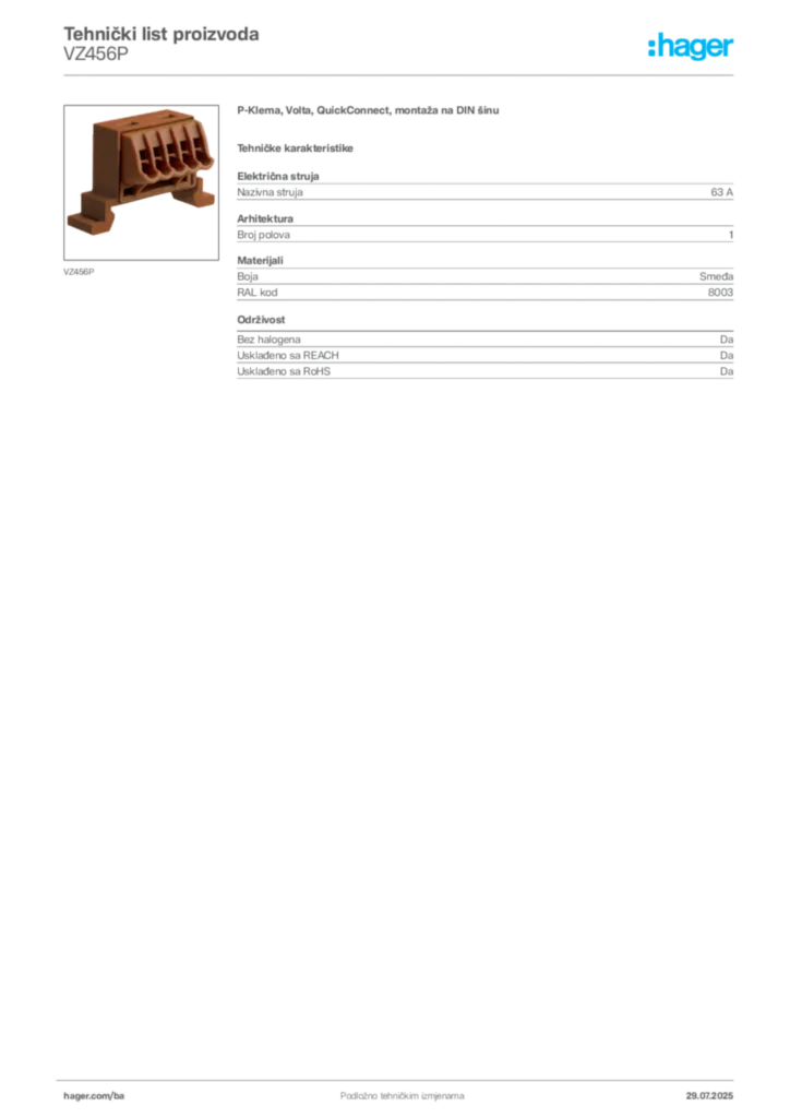 Slika Hager Product data sheet VZ456P  | Hager