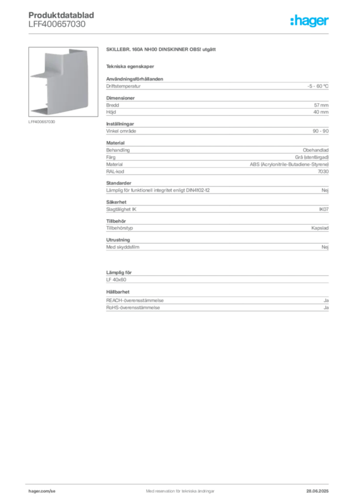 Bild Hager Produktdatablad LFF400657030 | Hager Sverige