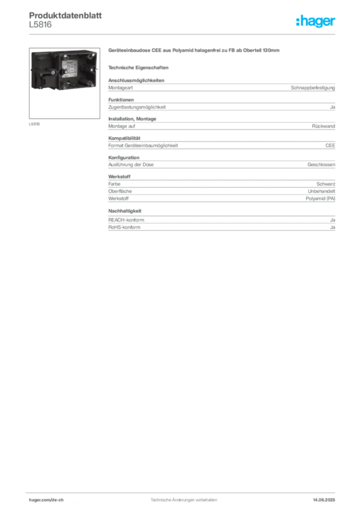 Bild Hager Produktdatenblatt L5816 | Hager Schweiz