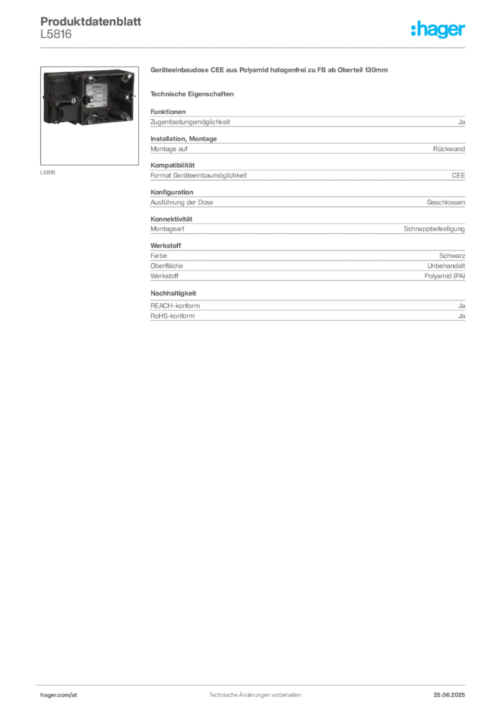Bild Hager Produktdatenblatt L5816 | Hager Deutschland