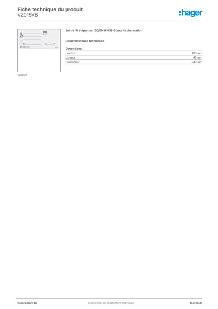 Image Hager Fiche technique du produit VZ015VB | Hager Belgique
