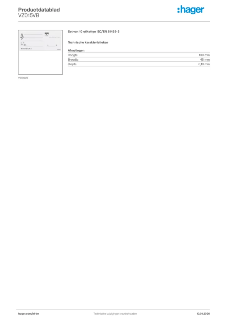 Afbeelding Hager Productdatablad VZ015VB | Hager Belgium