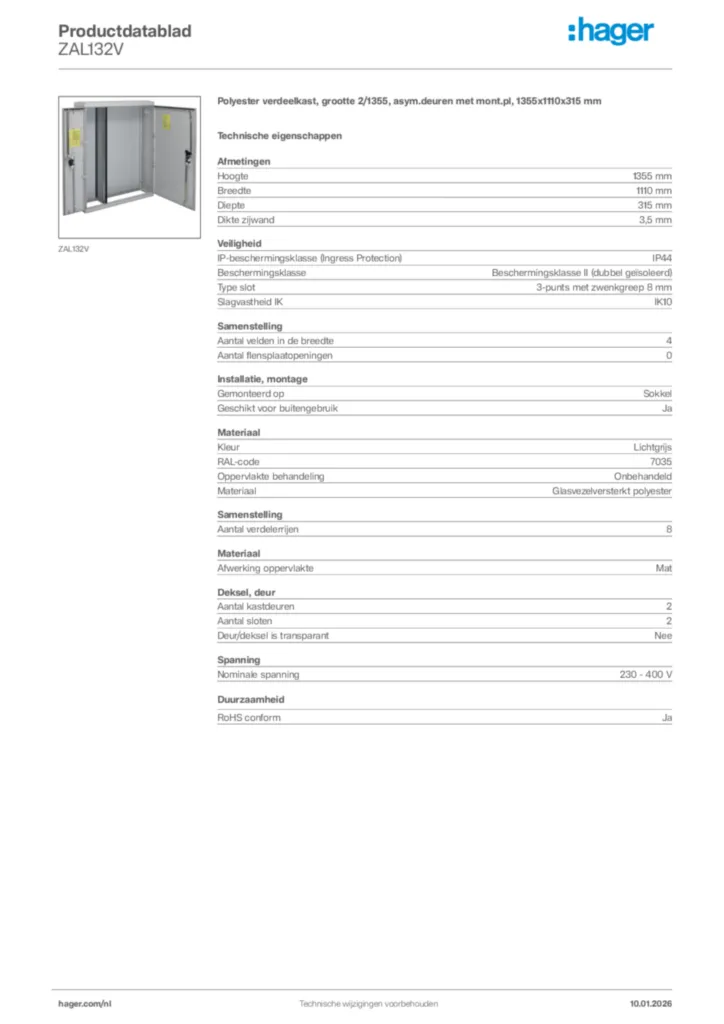 Afbeelding Hager Productdatablad ZAL132V | Hager Nederland