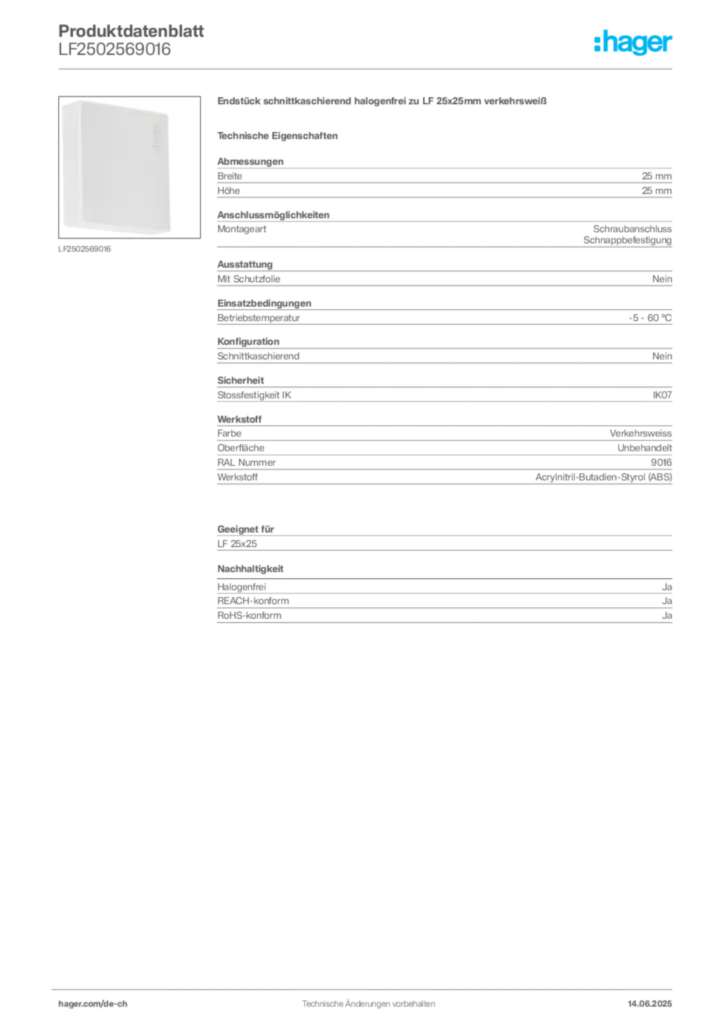 Bild Hager Produktdatenblatt LF2502569016 | Hager Schweiz