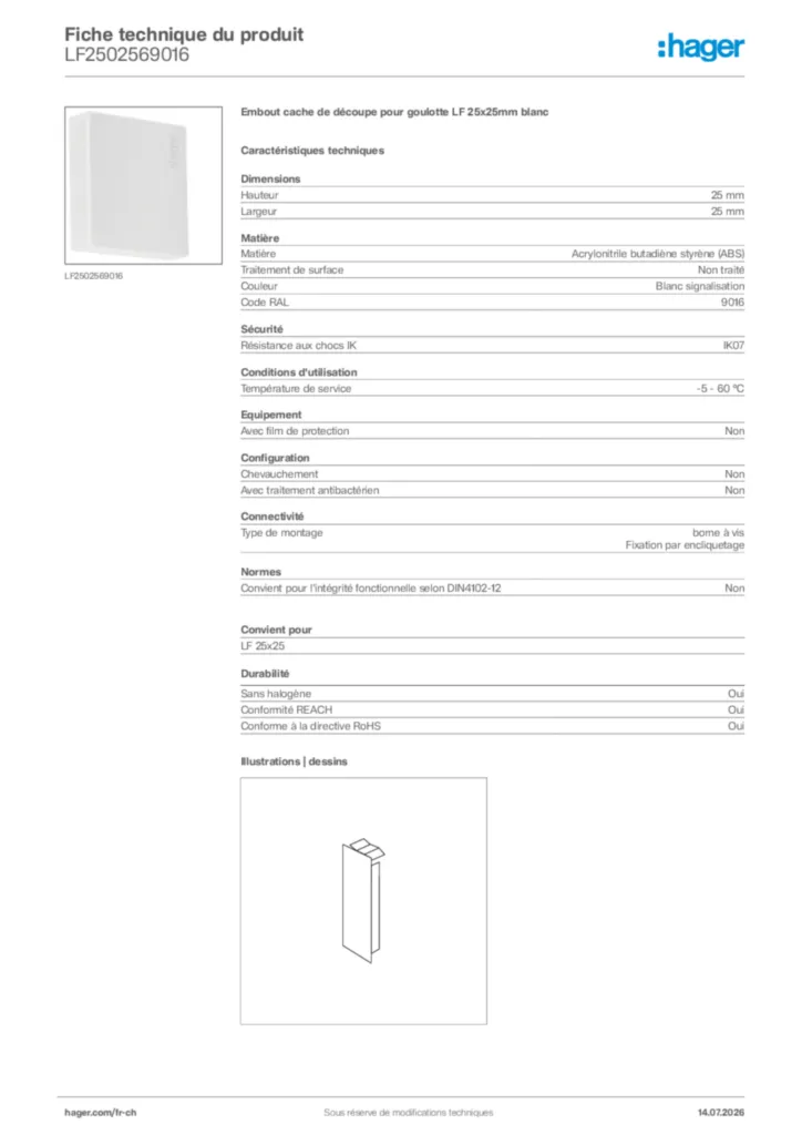 Image Hager Fiche technique du produit LF2502569016 | Hager Suisse