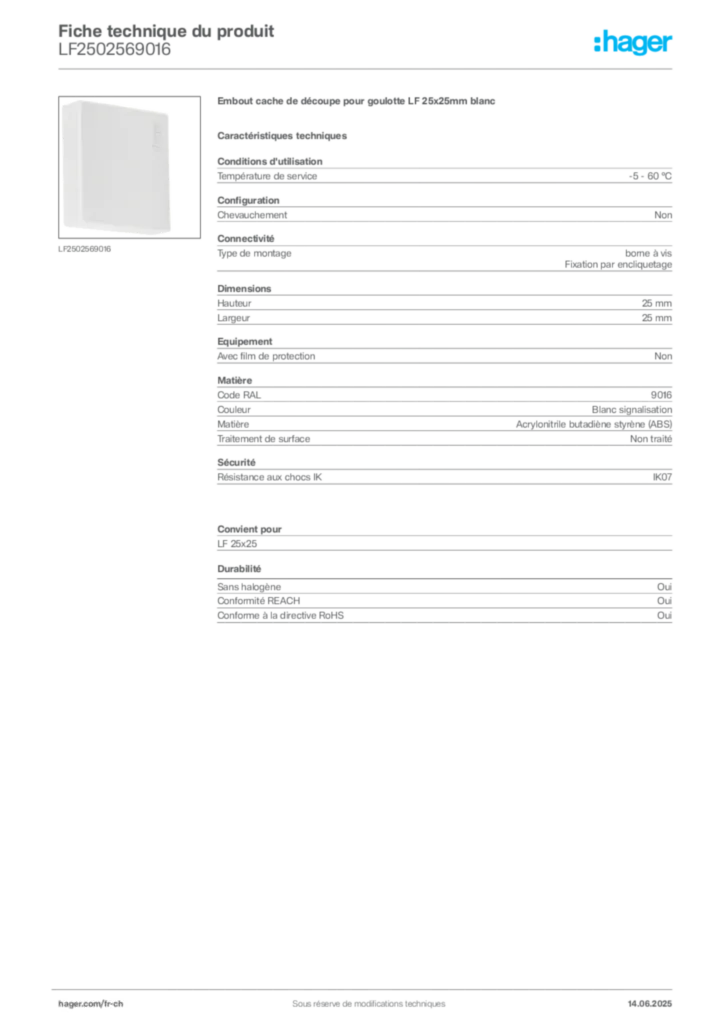 Image Hager Fiche technique du produit LF2502569016 | Hager Suisse