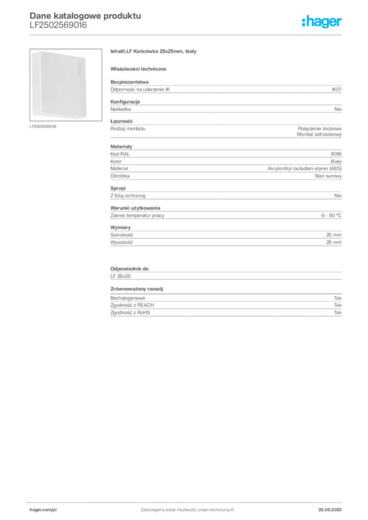 Zdjęcie Hager Dane katalogowe produktu LF2502569016 | Hager Polska
