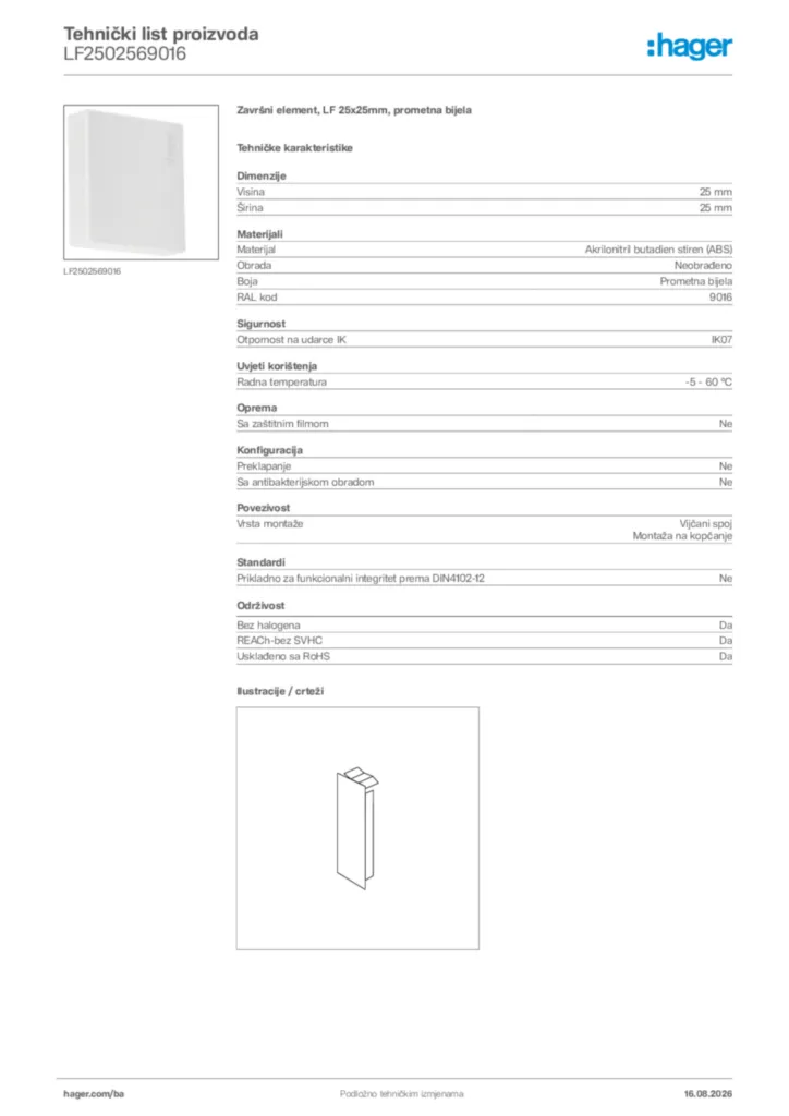 Slika Hager Tehnički list proizvoda LF2502569016  | Hager