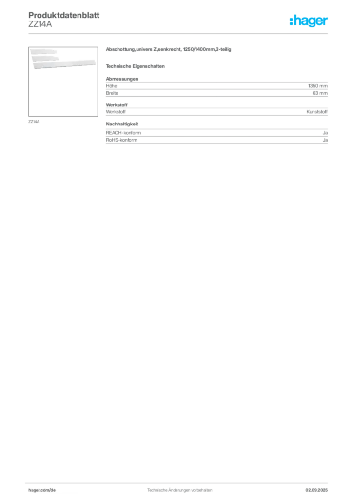 Hager Produktdatenblatt ZZ14A