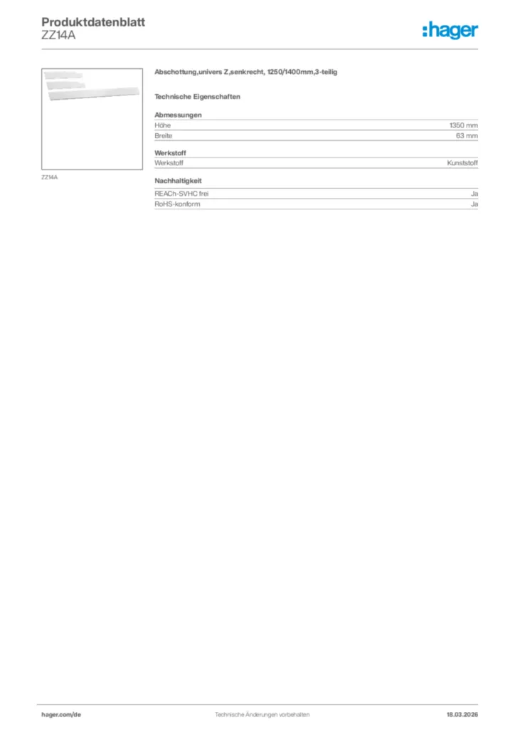 Bild Hager Produktdatenblatt ZZ14A | Hager Deutschland