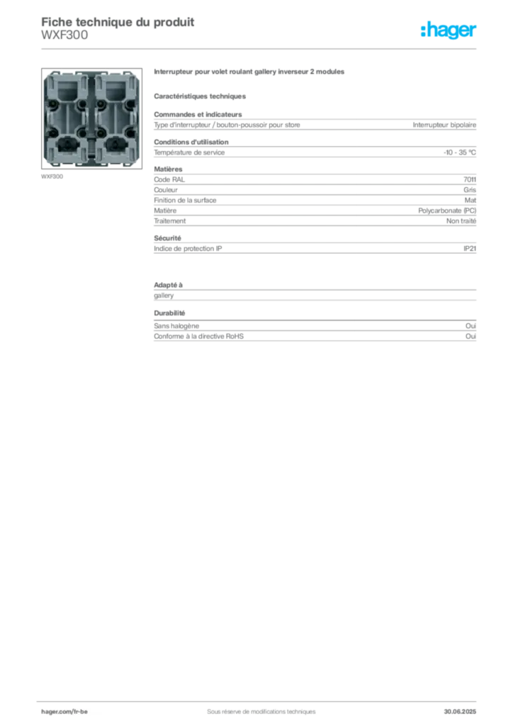 Image Hager Fiche technique du produit WXF300 | Hager Belgique