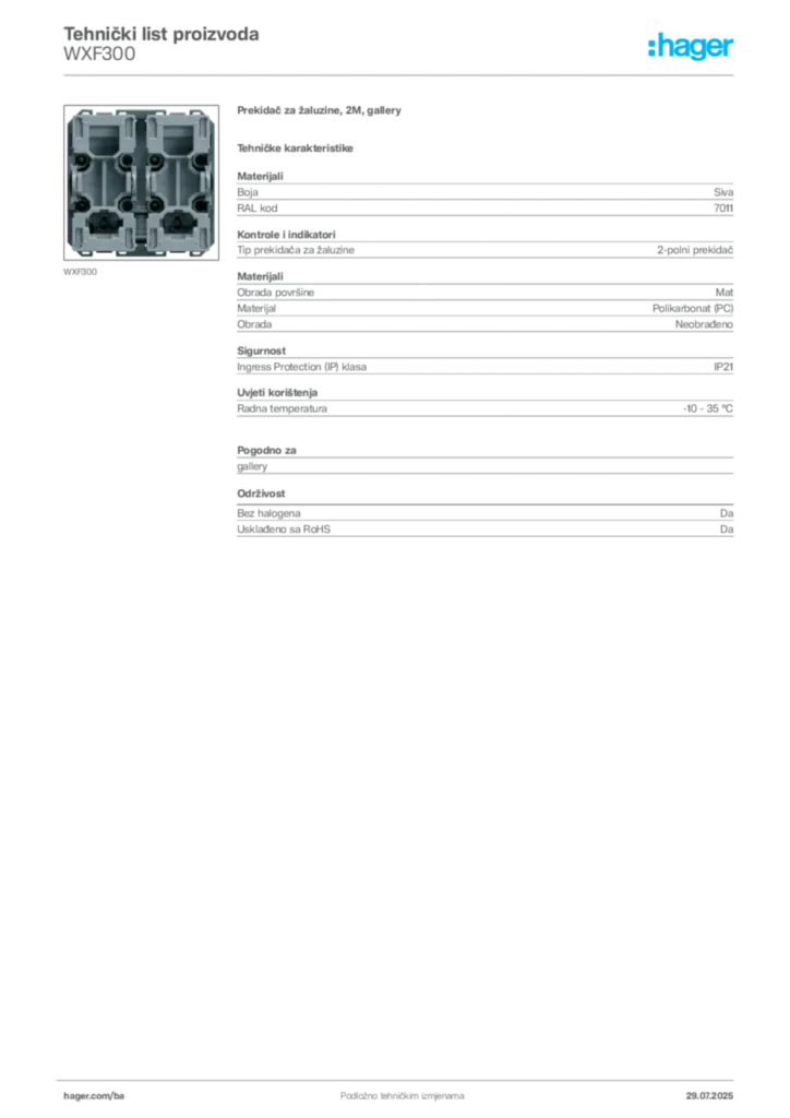 Slika Hager Product data sheet WXF300  | Hager