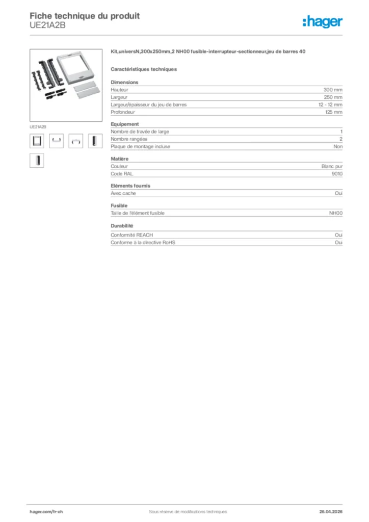 Image Hager Fiche technique du produit UE21A2B | Hager Suisse