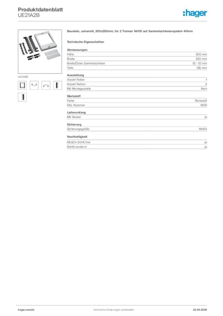 Bild Hager Produktdatenblatt UE21A2B | Hager Deutschland