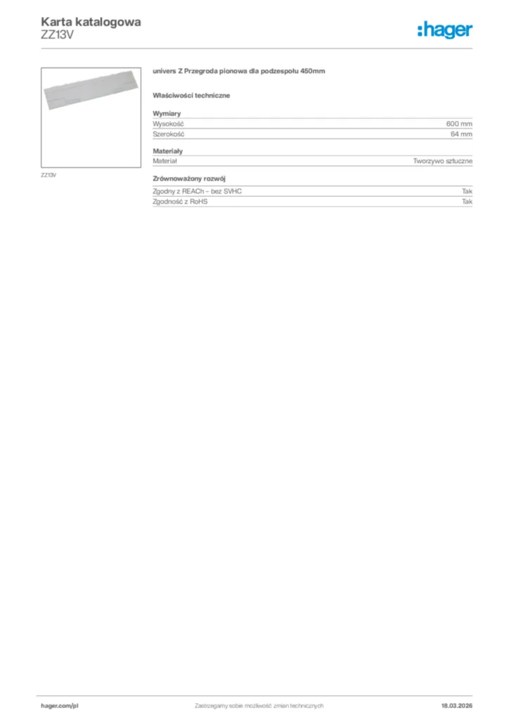 Zdjęcie Hager Karta katalogowa ZZ13V | Hager Polska