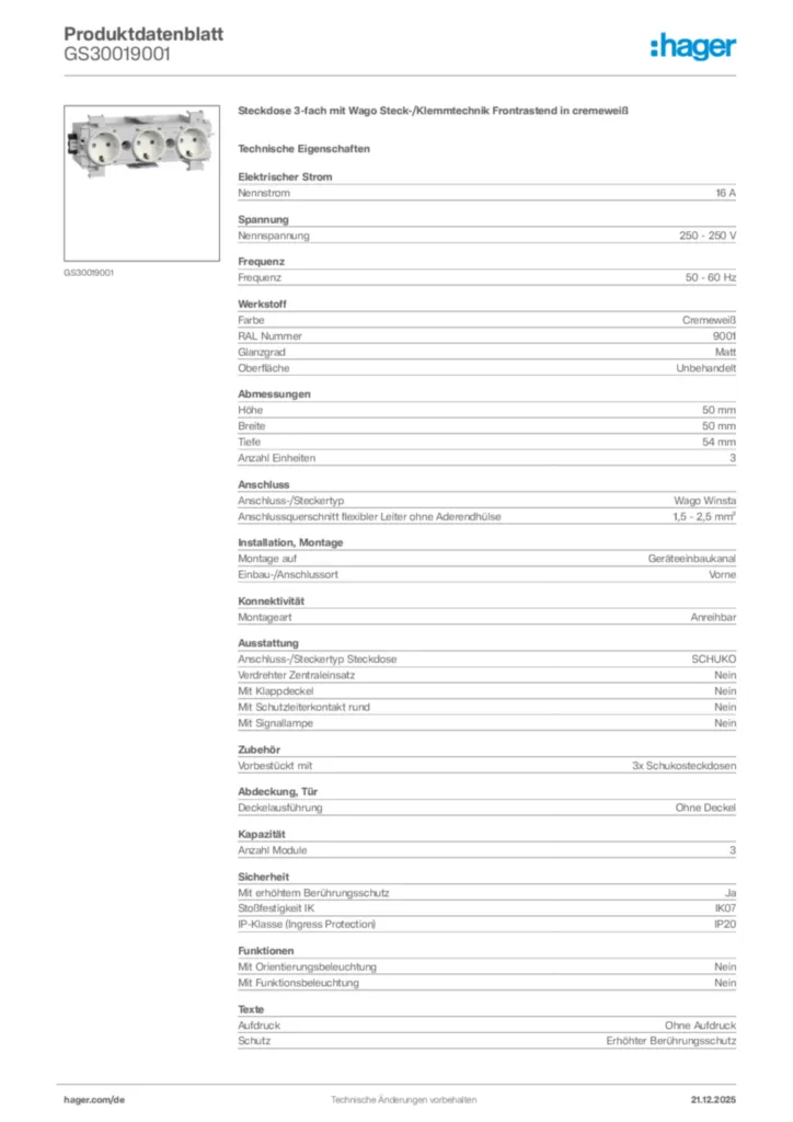 Bild Hager Produktdatenblatt GS30019001 | Hager Deutschland
