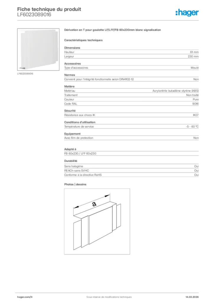 Image Hager Fiche technique du produit LF6023089016 | Hager France