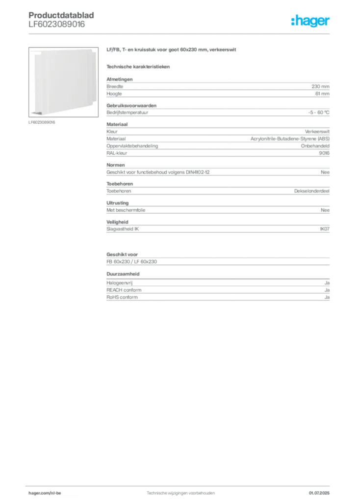 Afbeelding Hager Productdatablad LF6023089016 | Hager Belgium