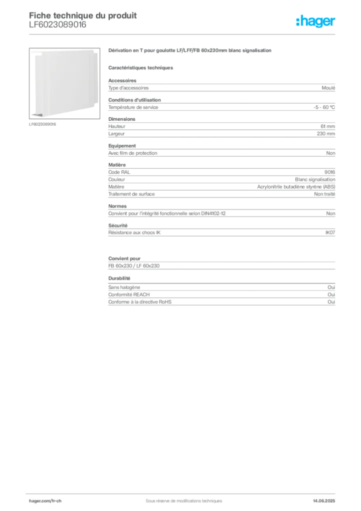 Image Hager Fiche technique du produit LF6023089016 | Hager Suisse