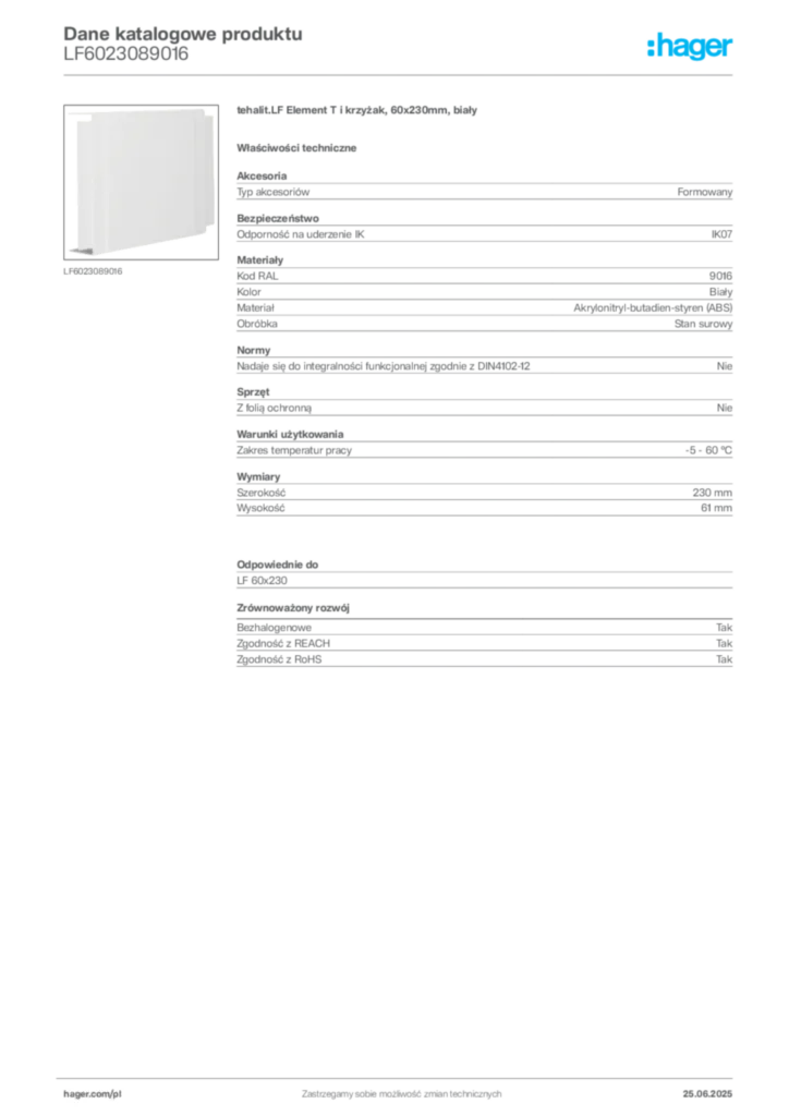 Zdjęcie Hager Dane katalogowe produktu LF6023089016 | Hager Polska