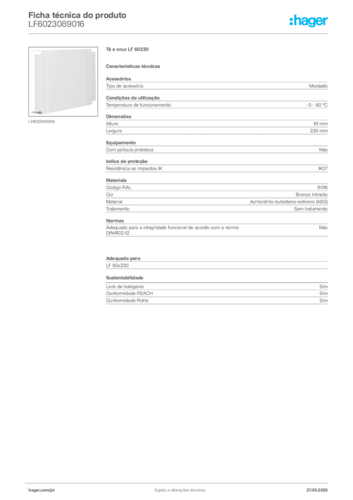 Imagem Hager Ficha técnica do produto LF6023089016 | Hager Portugal