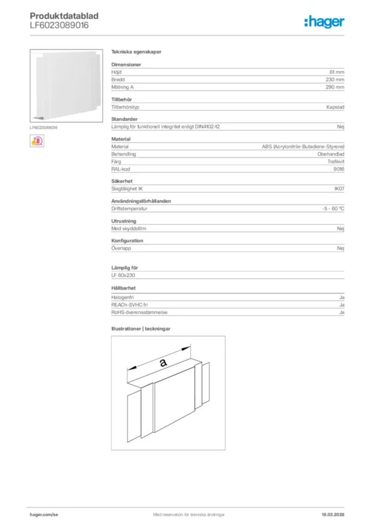 Bild Hager Produktdatablad LF6023089016 | Hager Sverige