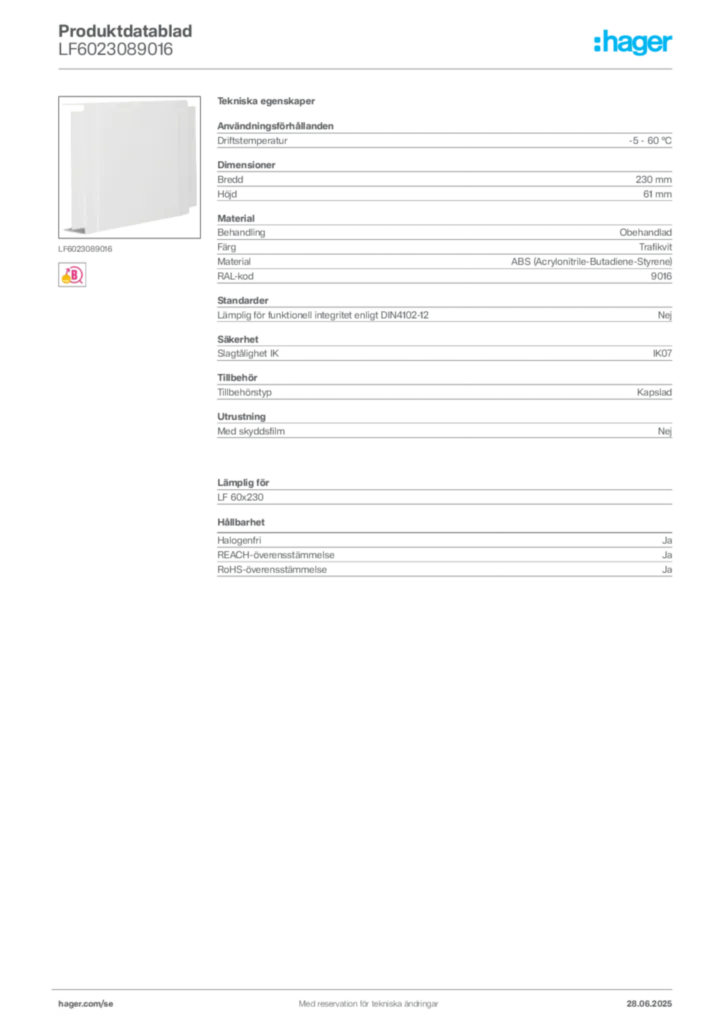 Bild Hager Produktdatablad LF6023089016 | Hager Sverige