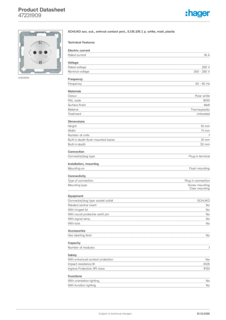 Image Hager Product data sheet 47231909  | Hager