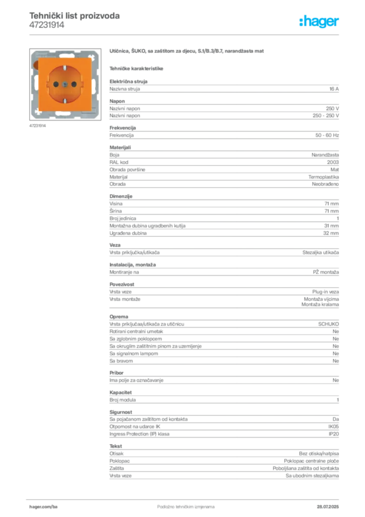 Slika Hager Product data sheet 47231914  | Hager