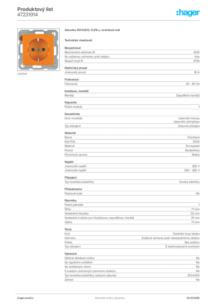 Obrázek Hager Produktový list 47231914 | Hager