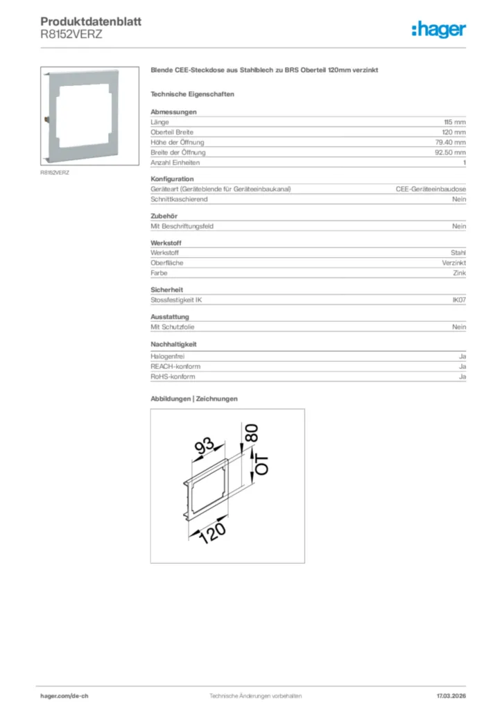 Bild Hager Produktdatenblatt R8152VERZ | Hager Schweiz