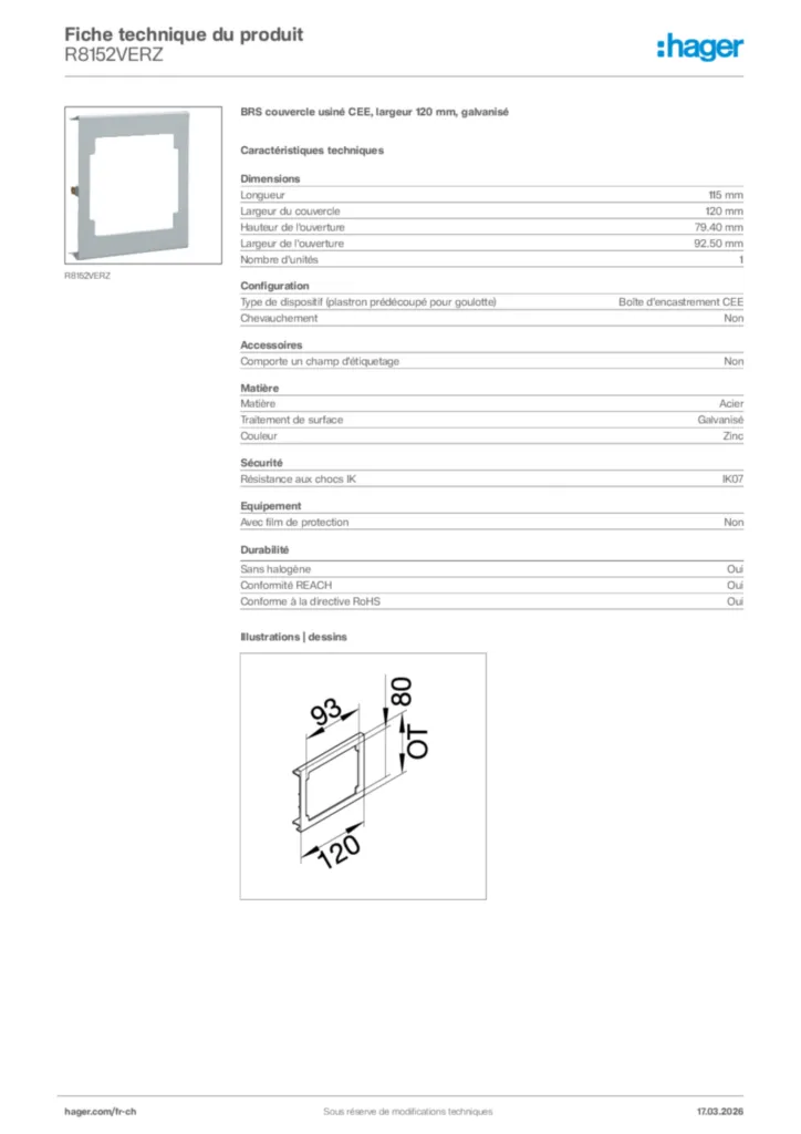Image Hager Fiche technique du produit R8152VERZ | Hager Suisse